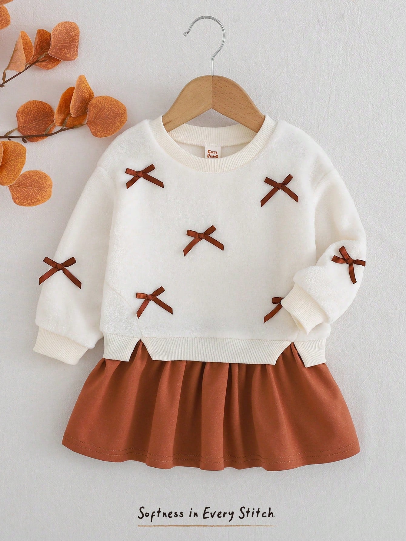 Cozy Pixies Baby Girl White Fleece 3D Bow Decor Soft Plush Sweatshirt 2 In 1 Crew Neck Long Sleeve Autumn Dress