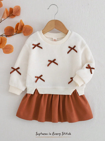 Cozy Pixies Baby Girl White Fleece 3D Bow Decor Soft Plush Sweatshirt 2 In 1 Crew Neck Long Sleeve Autumn Dress