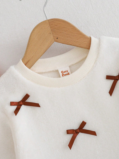 Cozy Pixies Baby Girl White Fleece 3D Bow Decor Soft Plush Sweatshirt 2 In 1 Crew Neck Long Sleeve Autumn Dress
