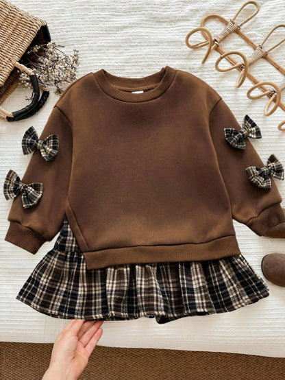 Cozy Pixies Baby Girl White Fleece 3D Bow Decor Soft Plush Sweatshirt 2 In 1 Crew Neck Long Sleeve Autumn Dress