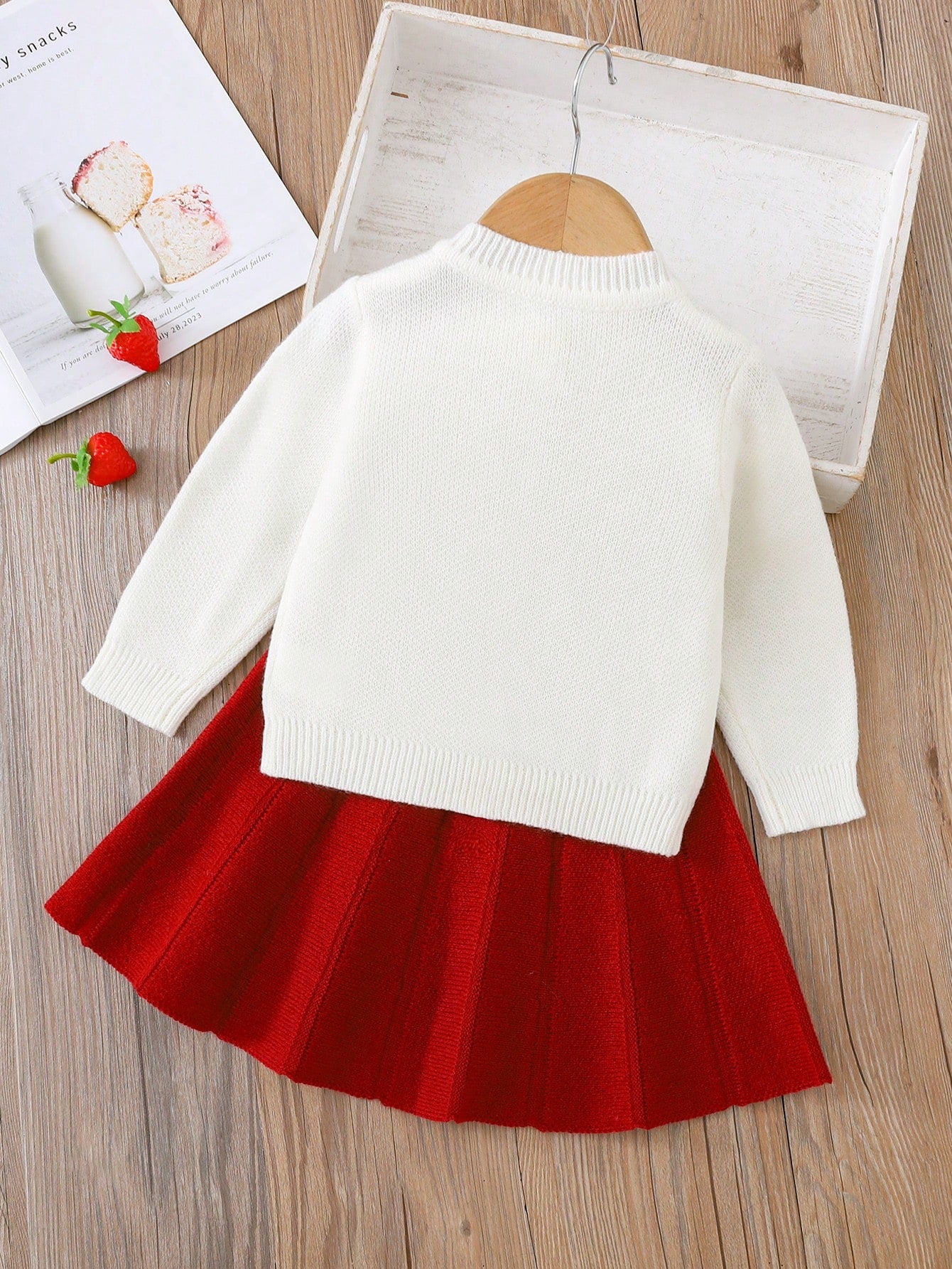 Cozy Pixies Baby Girls Sweater Co-Ords Knitted Strawberry Cardigan Red Fabric Button Matching Red Skirt Cute & Playful Suitable For Autumn/Winter Baby Girl Dopamine Style