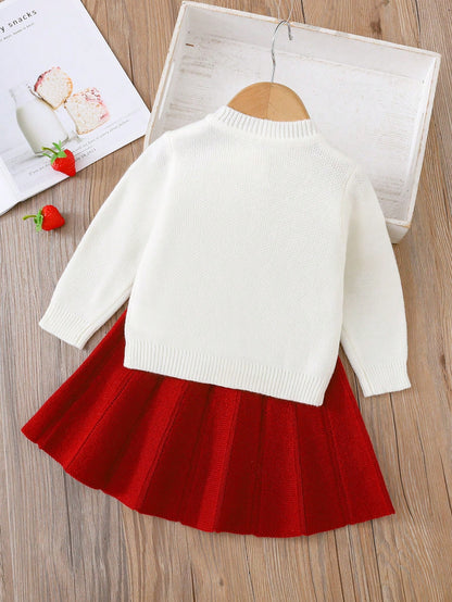 Cozy Pixies Baby Girls Sweater Co-Ords Knitted Strawberry Cardigan Red Fabric Button Matching Red Skirt Cute & Playful Suitable For Autumn/Winter Baby Girl Dopamine Style