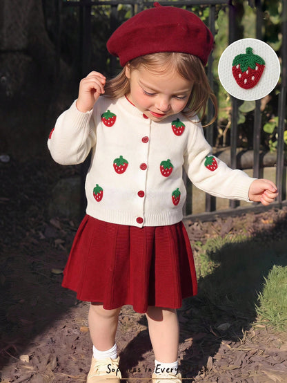 Cozy Pixies Baby Girls Sweater Co-Ords Knitted Strawberry Cardigan Red Fabric Button Matching Red Skirt Cute & Playful Suitable For Autumn/Winter Baby Girl Dopamine Style