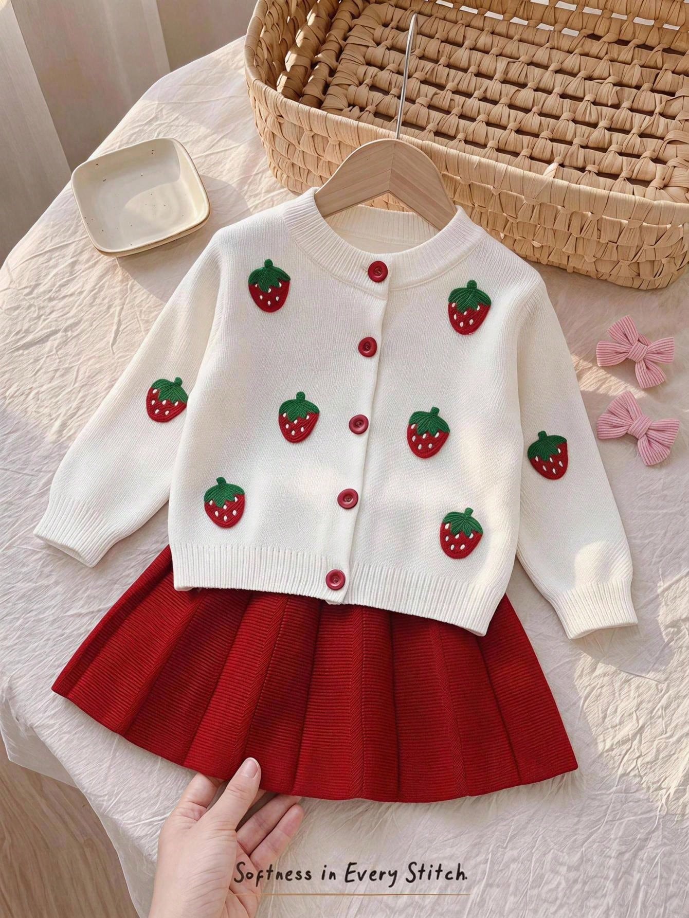 Cozy Pixies Baby Girls Sweater Co-Ords Knitted Strawberry Cardigan Red Fabric Button Matching Red Skirt Cute & Playful Suitable For Autumn/Winter Baby Girl Dopamine Style