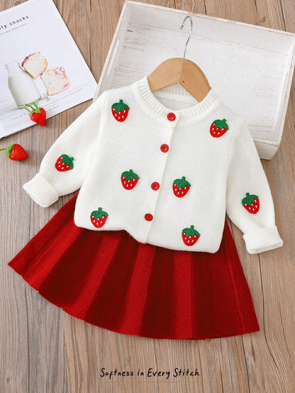 Cozy Pixies Baby Girls Sweater Co-Ords Knitted Strawberry Cardigan Red Fabric Button Matching Red Skirt Cute & Playful Suitable For Autumn/Winter Baby Girl Dopamine Style