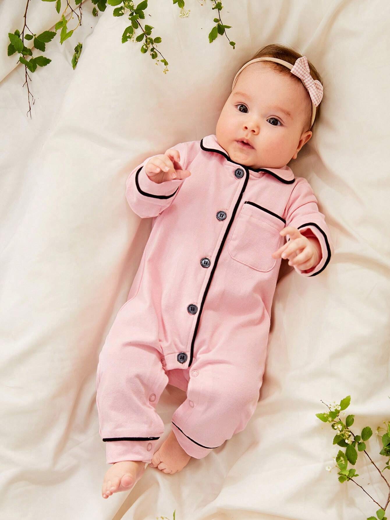 Cozy Pixies Newborn Baby Girl Contrast Binding Button Front Pajama Jumpsuit,Kids