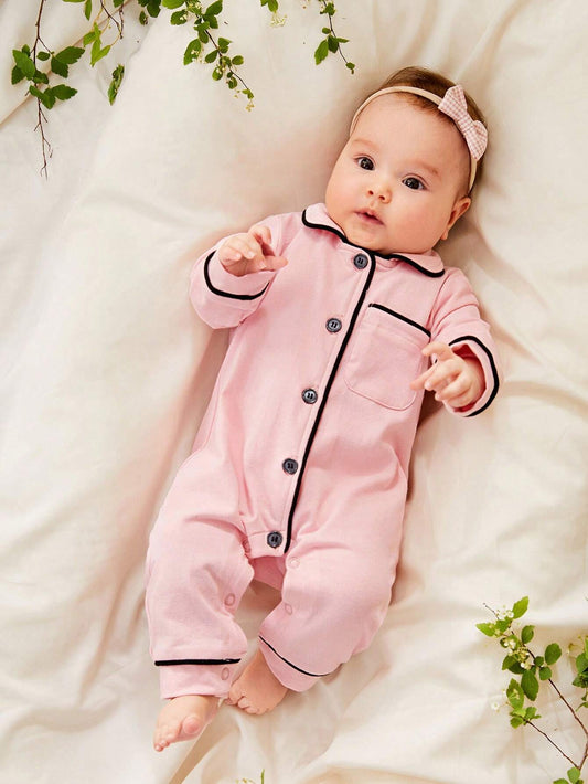Cozy Pixies Newborn Baby Girl Contrast Binding Button Front Pajama Jumpsuit,Kids