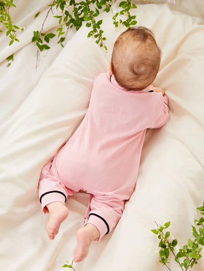 Cozy Pixies Newborn Baby Girl Contrast Binding Button Front Pajama Jumpsuit,Kids