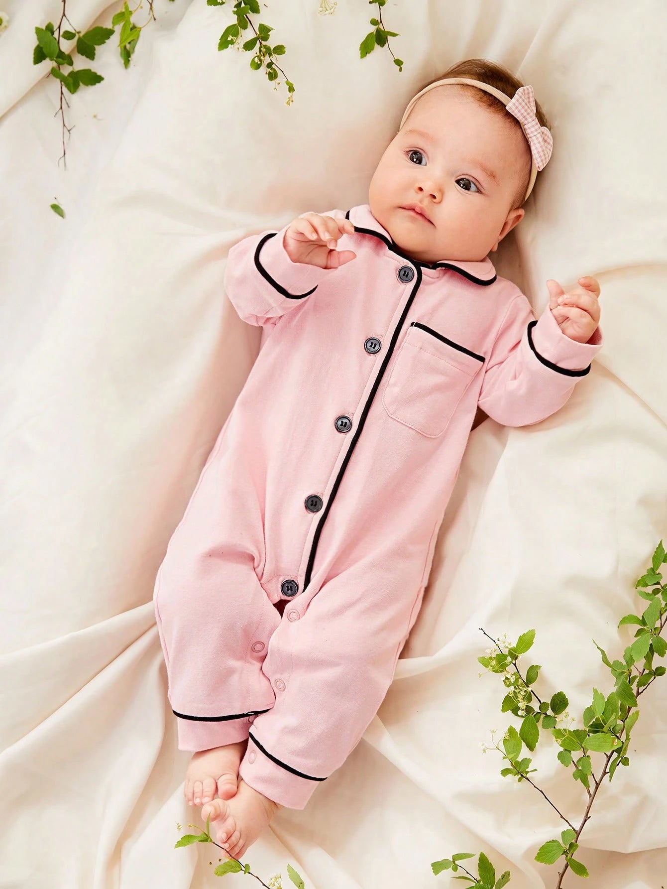 Cozy Pixies Newborn Baby Girl Contrast Binding Button Front Pajama Jumpsuit,Kids