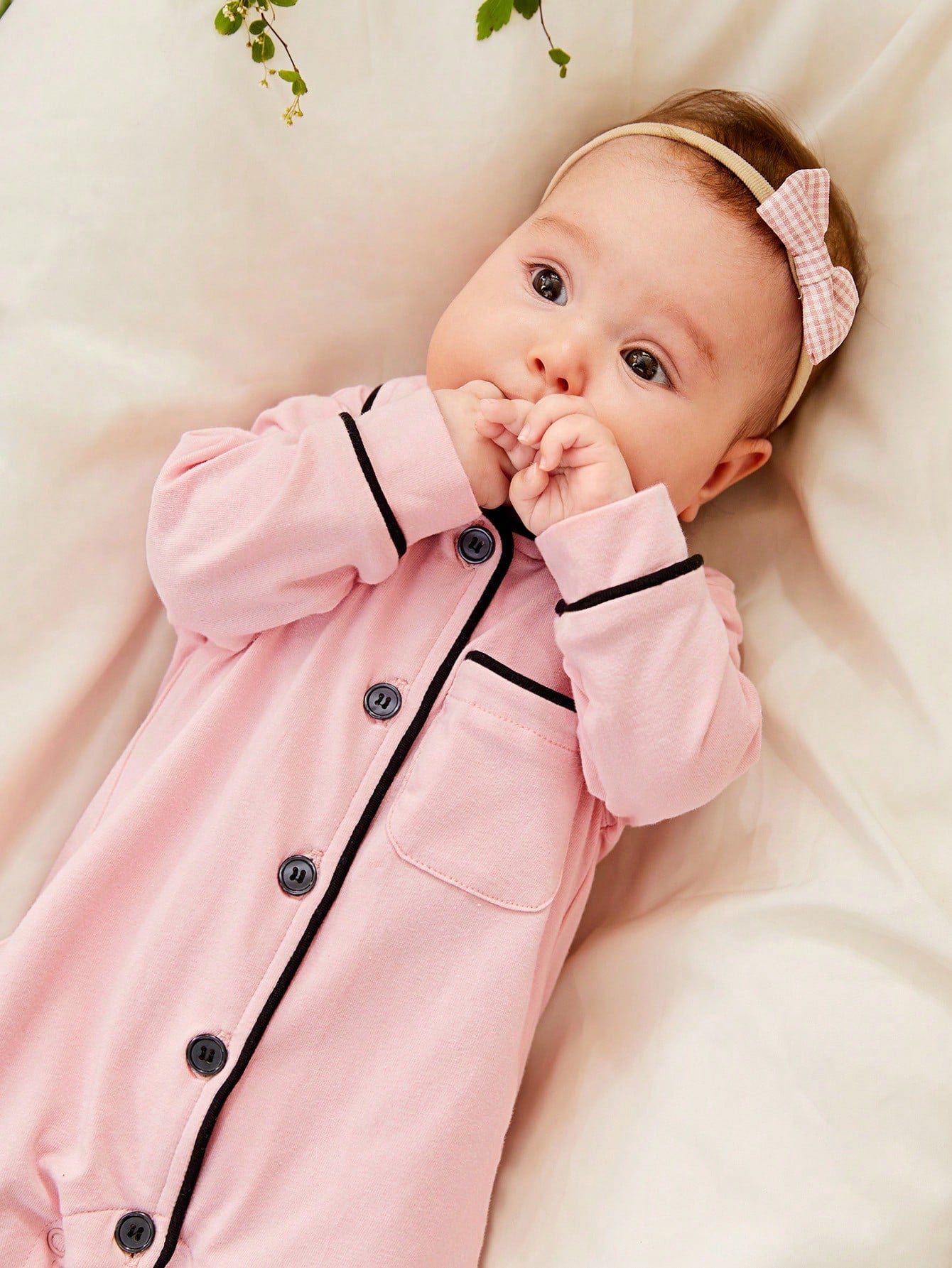 Cozy Pixies Newborn Baby Girl Contrast Binding Button Front Pajama Jumpsuit,Kids