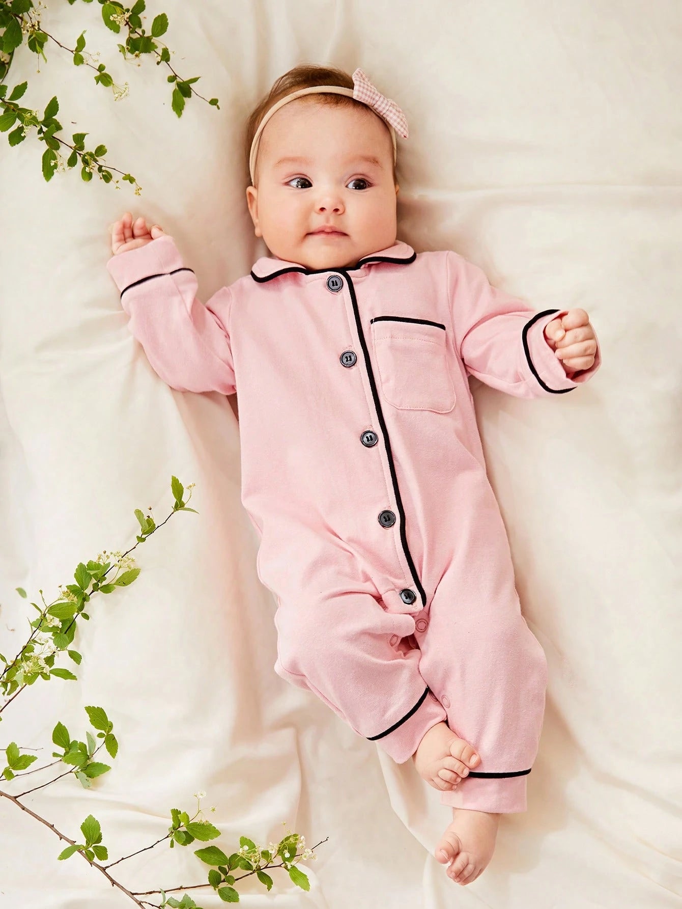 Cozy Pixies Newborn Baby Girl Contrast Binding Button Front Pajama Jumpsuit,Kids