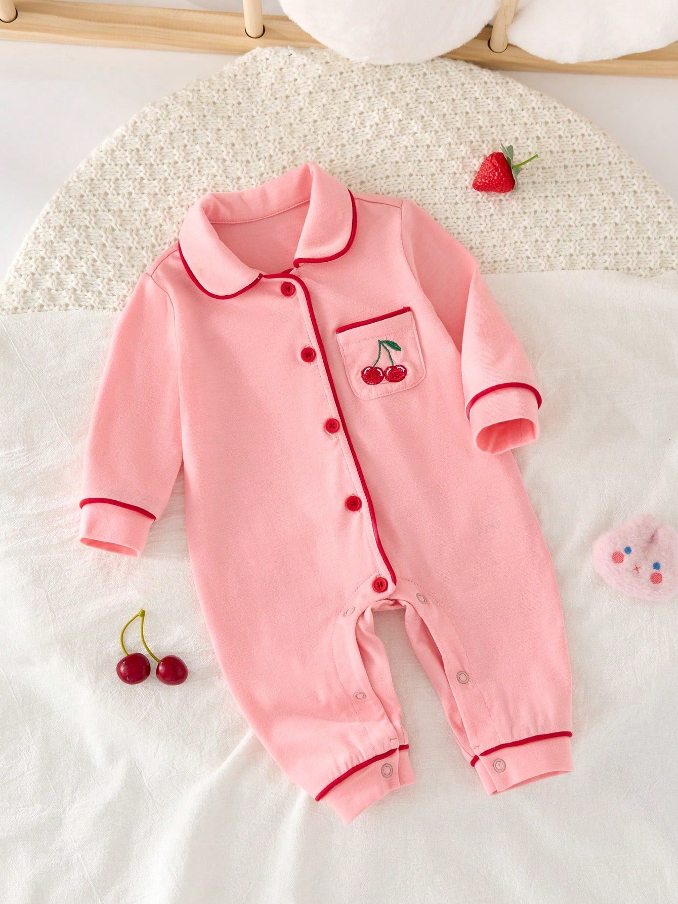 Cozy Pixies Newborn Baby Girl Contrast Binding Button Front Pajama Jumpsuit,Kids
