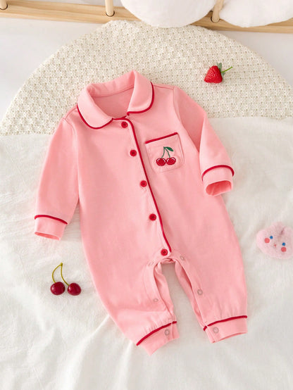 Cozy Pixies Newborn Baby Girl Contrast Binding Button Front Pajama Jumpsuit,Kids