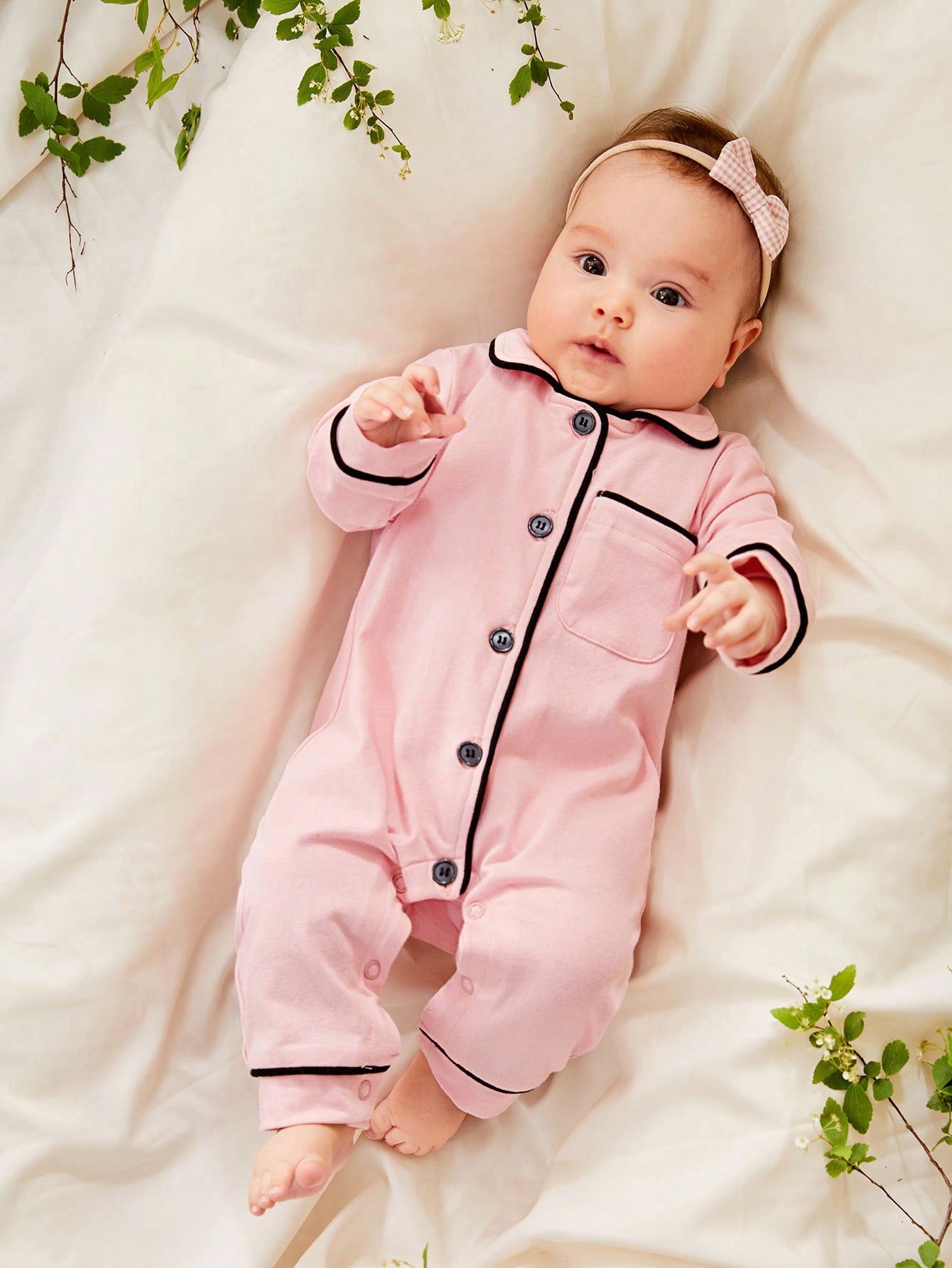 Cozy Pixies Newborn Baby Girl Contrast Binding Button Front Pajama Jumpsuit,Kids