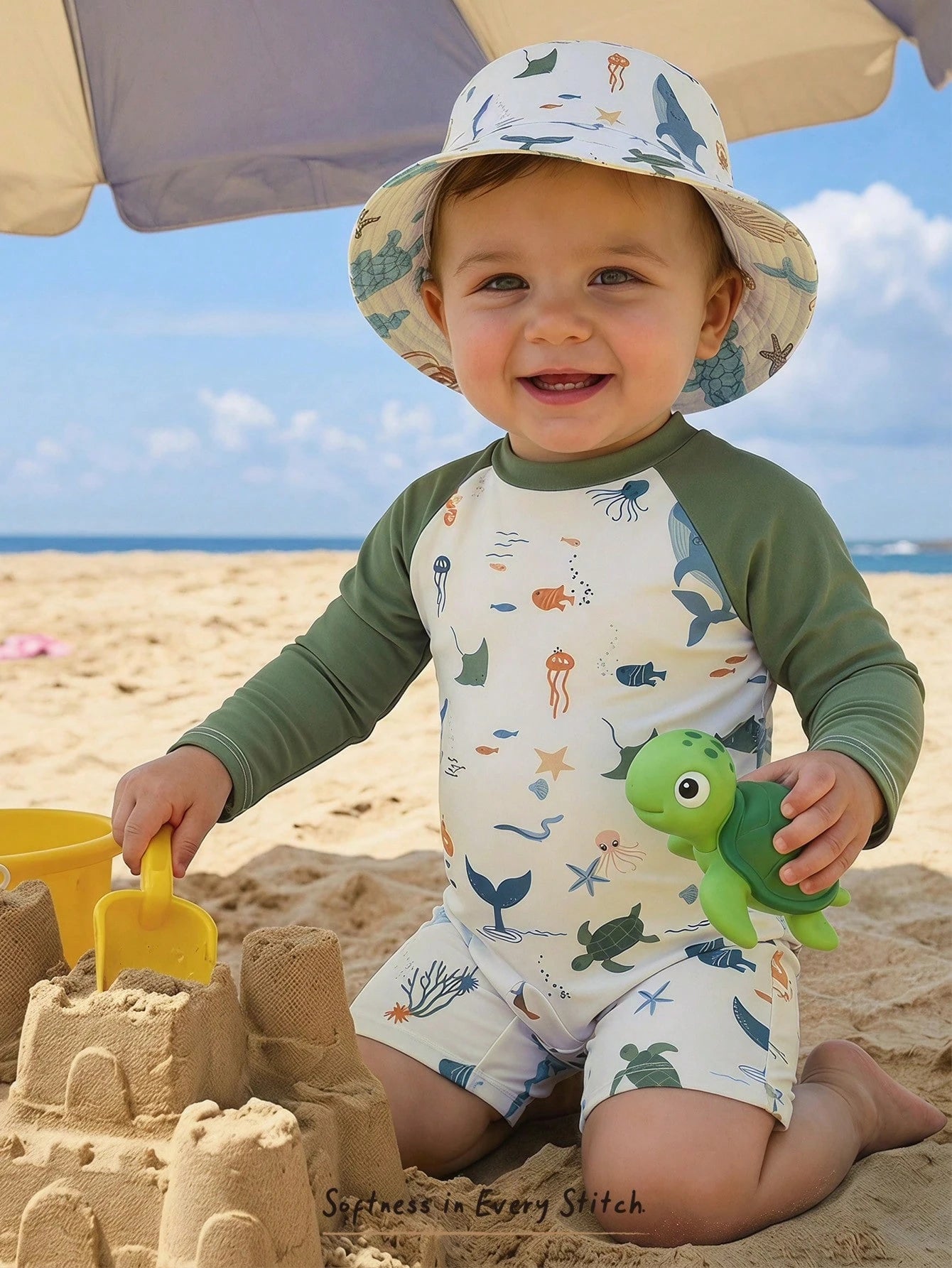 Cozy Pixies Toddler & Kids White Summer Cute Shark & Whale Underwater World Print Long Sleeve Zipper Cover Up Swimwear,Suitable For Vacation,Holiday,Beach,Surfing