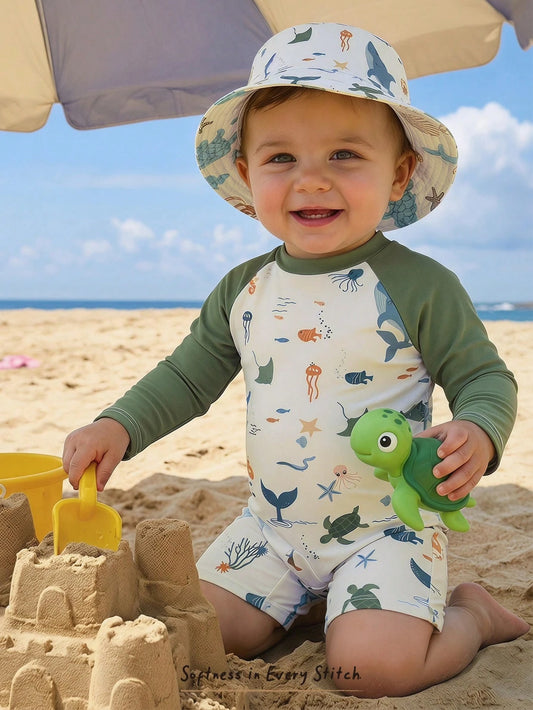 Cozy Pixies Toddler & Kids White Summer Cute Shark & Whale Underwater World Print Long Sleeve Zipper Cover Up Swimwear,Suitable For Vacation,Holiday,Beach,Surfing