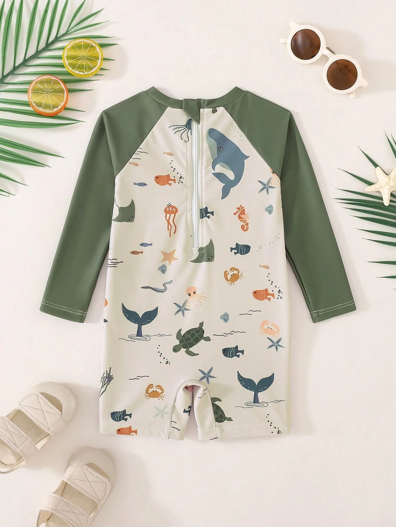 Cozy Pixies Toddler & Kids White Summer Cute Shark & Whale Underwater World Print Long Sleeve Zipper Cover Up Swimwear,Suitable For Vacation,Holiday,Beach,Surfing