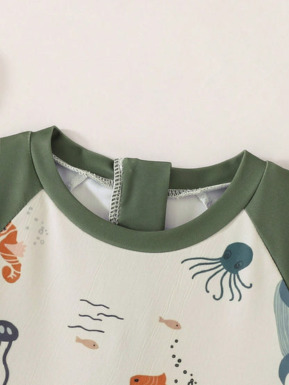 Cozy Pixies Toddler & Kids White Summer Cute Shark & Whale Underwater World Print Long Sleeve Zipper Cover Up Swimwear,Suitable For Vacation,Holiday,Beach,Surfing