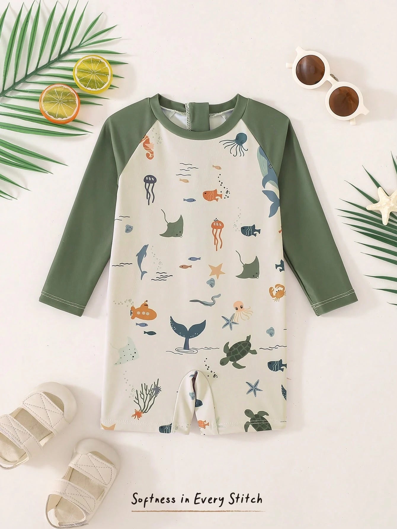 Cozy Pixies Toddler & Kids White Summer Cute Shark & Whale Underwater World Print Long Sleeve Zipper Cover Up Swimwear,Suitable For Vacation,Holiday,Beach,Surfing