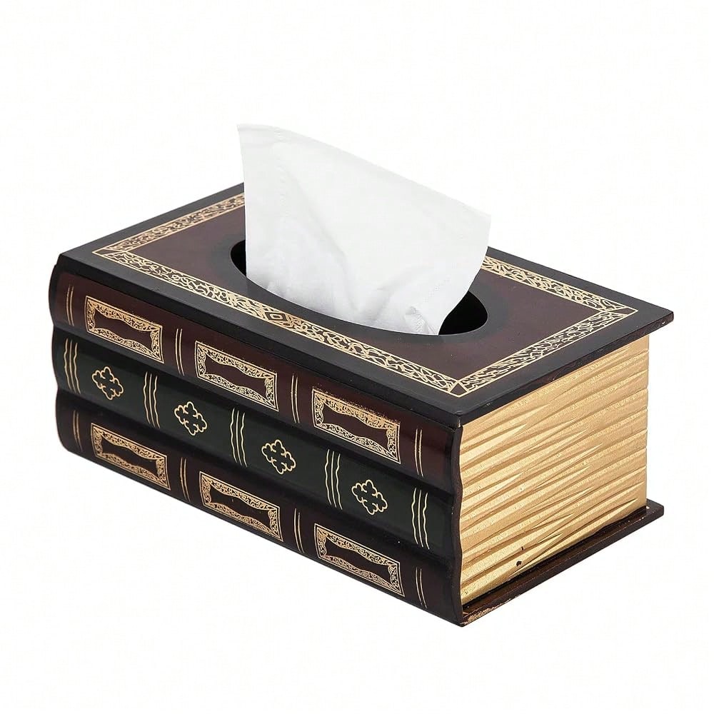 Crafted Classical Retro Wooden Antique Book Tissue Box Cover Rectangular Tissue Holder Dispenser Paper Cover Case Napkin Holder Home De