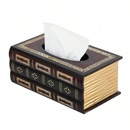 Crafted Classical Retro Wooden Antique Book Tissue Box Cover Rectangular Tissue Holder Dispenser Paper Cover Case Napkin Holder Home De