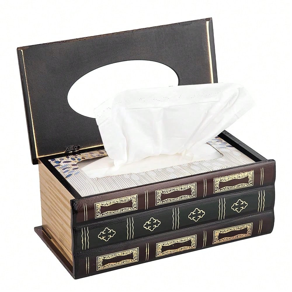 Crafted Classical Retro Wooden Antique Book Tissue Box Cover Rectangular Tissue Holder Dispenser Paper Cover Case Napkin Holder Home De