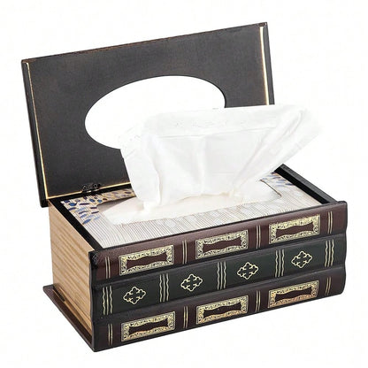 Crafted Classical Retro Wooden Antique Book Tissue Box Cover Rectangular Tissue Holder Dispenser Paper Cover Case Napkin Holder Home De