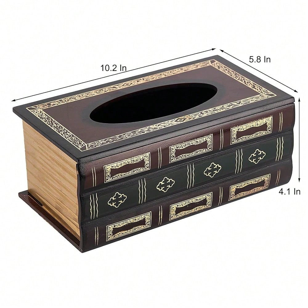 Crafted Classical Retro Wooden Antique Book Tissue Box Cover Rectangular Tissue Holder Dispenser Paper Cover Case Napkin Holder Home De
