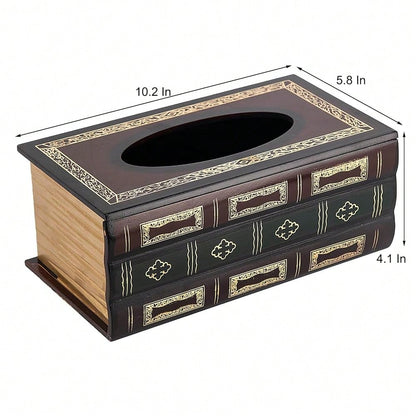 Crafted Classical Retro Wooden Antique Book Tissue Box Cover Rectangular Tissue Holder Dispenser Paper Cover Case Napkin Holder Home De