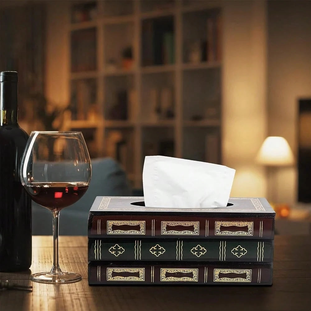 Crafted Classical Retro Wooden Antique Book Tissue Box Cover Rectangular Tissue Holder Dispenser Paper Cover Case Napkin Holder Home De