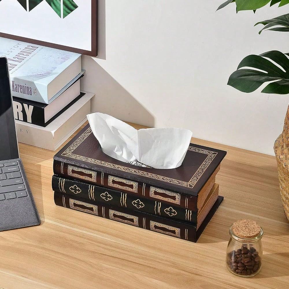 Crafted Classical Retro Wooden Antique Book Tissue Box Cover Rectangular Tissue Holder Dispenser Paper Cover Case Napkin Holder Home De