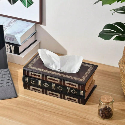 Crafted Classical Retro Wooden Antique Book Tissue Box Cover Rectangular Tissue Holder Dispenser Paper Cover Case Napkin Holder Home De