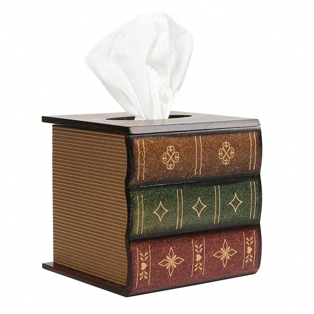 Crafted Classical Retro Wooden Antique Book Tissue Box Cover Rectangular Tissue Holder Dispenser Paper Cover Case Napkin Holder Home De