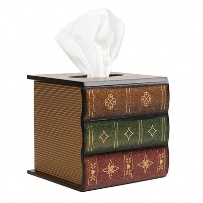 Crafted Classical Retro Wooden Antique Book Tissue Box Cover Rectangular Tissue Holder Dispenser Paper Cover Case Napkin Holder Home De