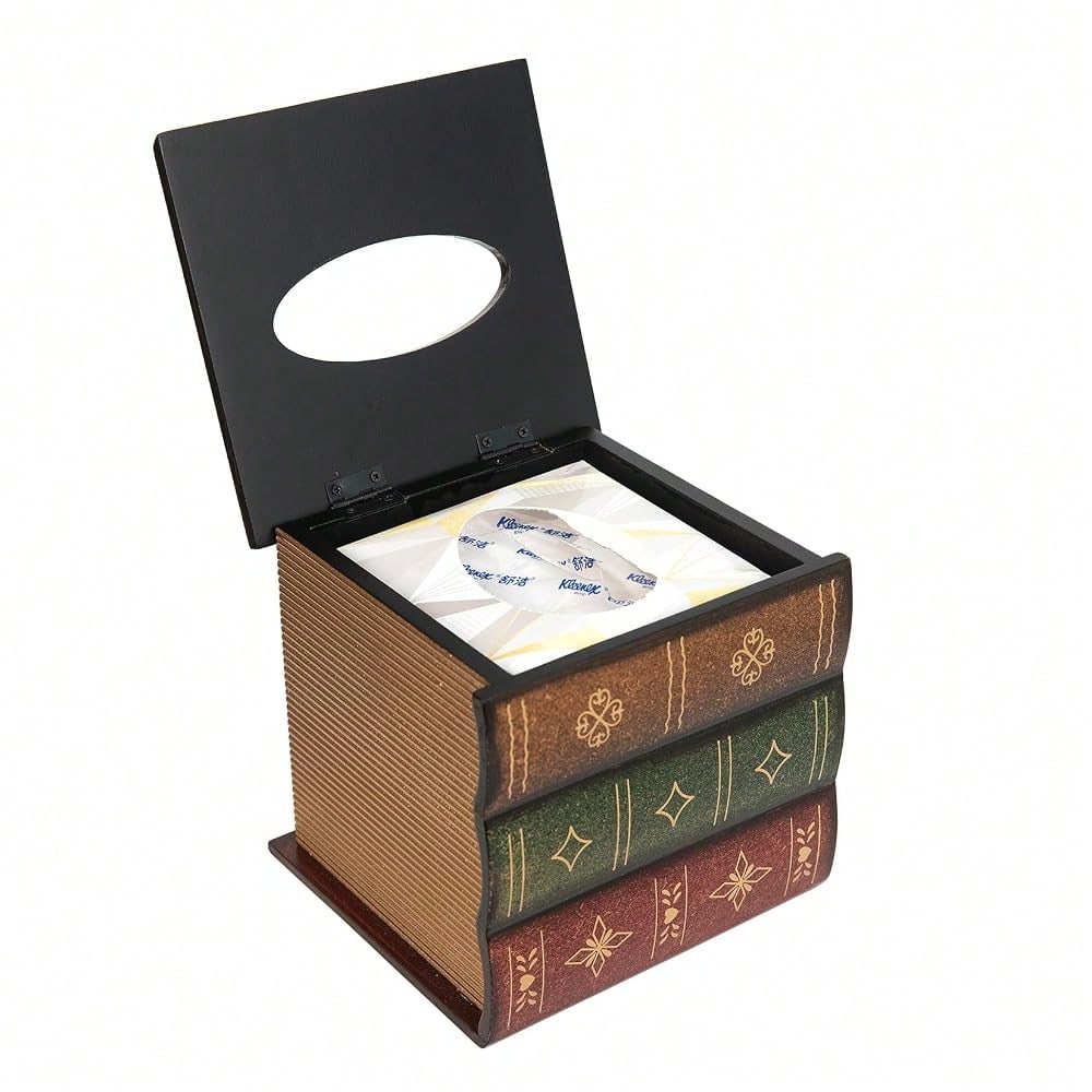 Crafted Classical Retro Wooden Antique Book Tissue Box Cover Rectangular Tissue Holder Dispenser Paper Cover Case Napkin Holder Home De