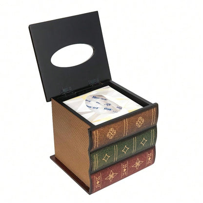 Crafted Classical Retro Wooden Antique Book Tissue Box Cover Rectangular Tissue Holder Dispenser Paper Cover Case Napkin Holder Home De