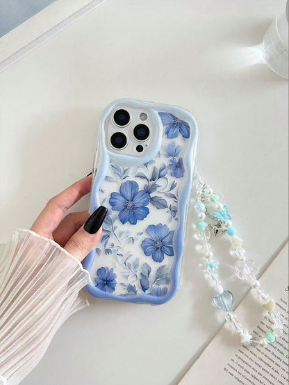 Cream Wavy Edge Glossy Floral Painted Anti-Drop Phone Case XR/7/8 Painted Accessory Phone Lanyard Compatible With Iphone 16/ 16 Pro/ 16 Plus/ 16 Pro Max/ 15 Pro Max Apple 13 Phone Case 14 Apple 11 Sof
