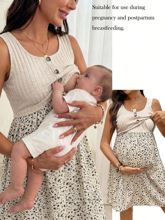 Cream Yellow Floral Patchwork Round Neck Sleeveless Front Center Fake Placket Maternity Nursing Dress Summer Dresses For Women