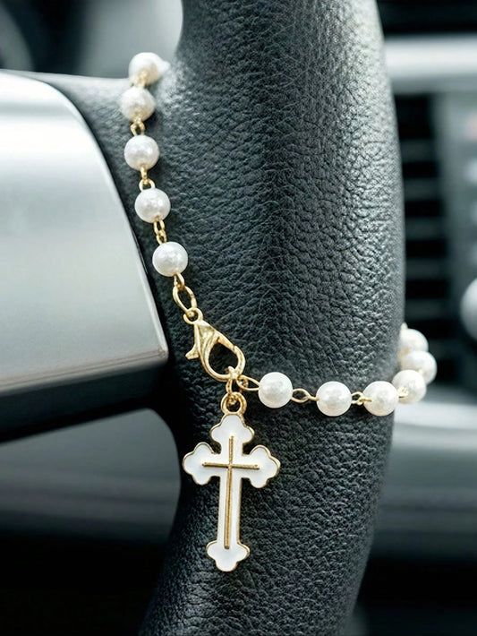Creative Alloy Cross Car Pendant, Steering Wheel Ornament, Faith Pearl Car Pendant