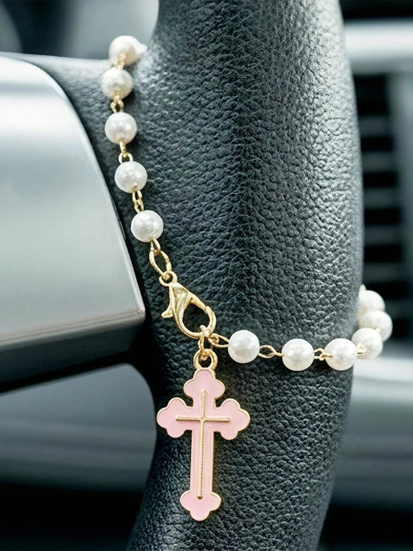 Creative Alloy Cross Car Pendant, Steering Wheel Ornament, Faith Pearl Car Pendant