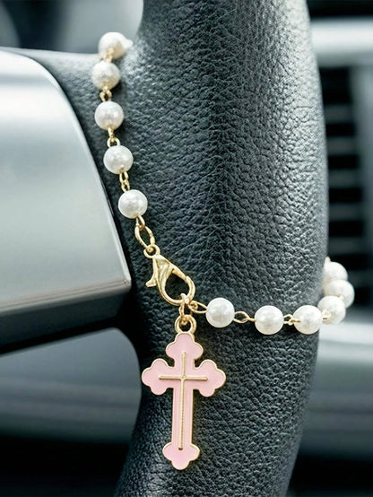 Creative Alloy Cross Car Pendant, Steering Wheel Ornament, Faith Pearl Car Pendant