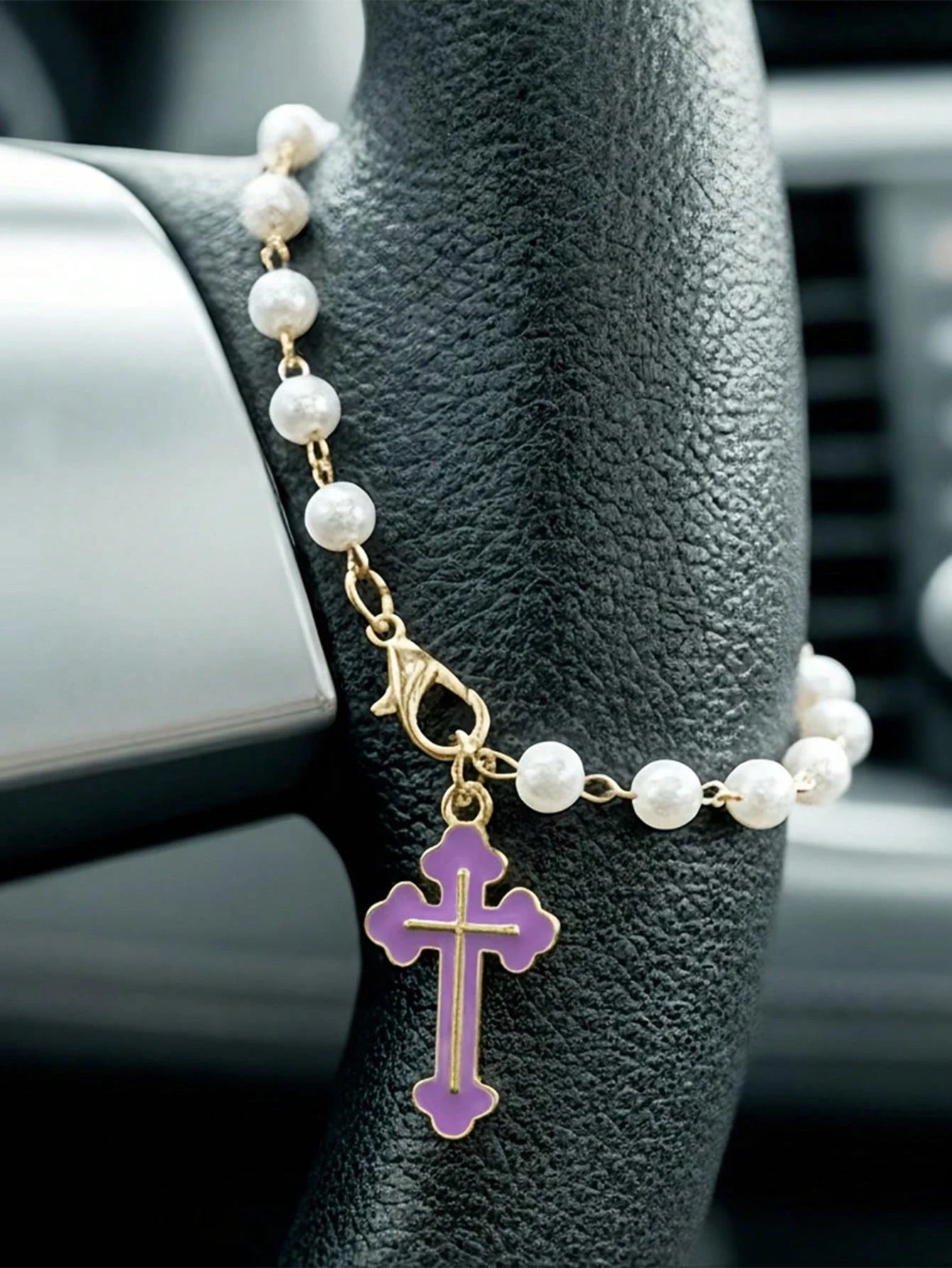 Creative Alloy Cross Car Pendant, Steering Wheel Ornament, Faith Pearl Car Pendant