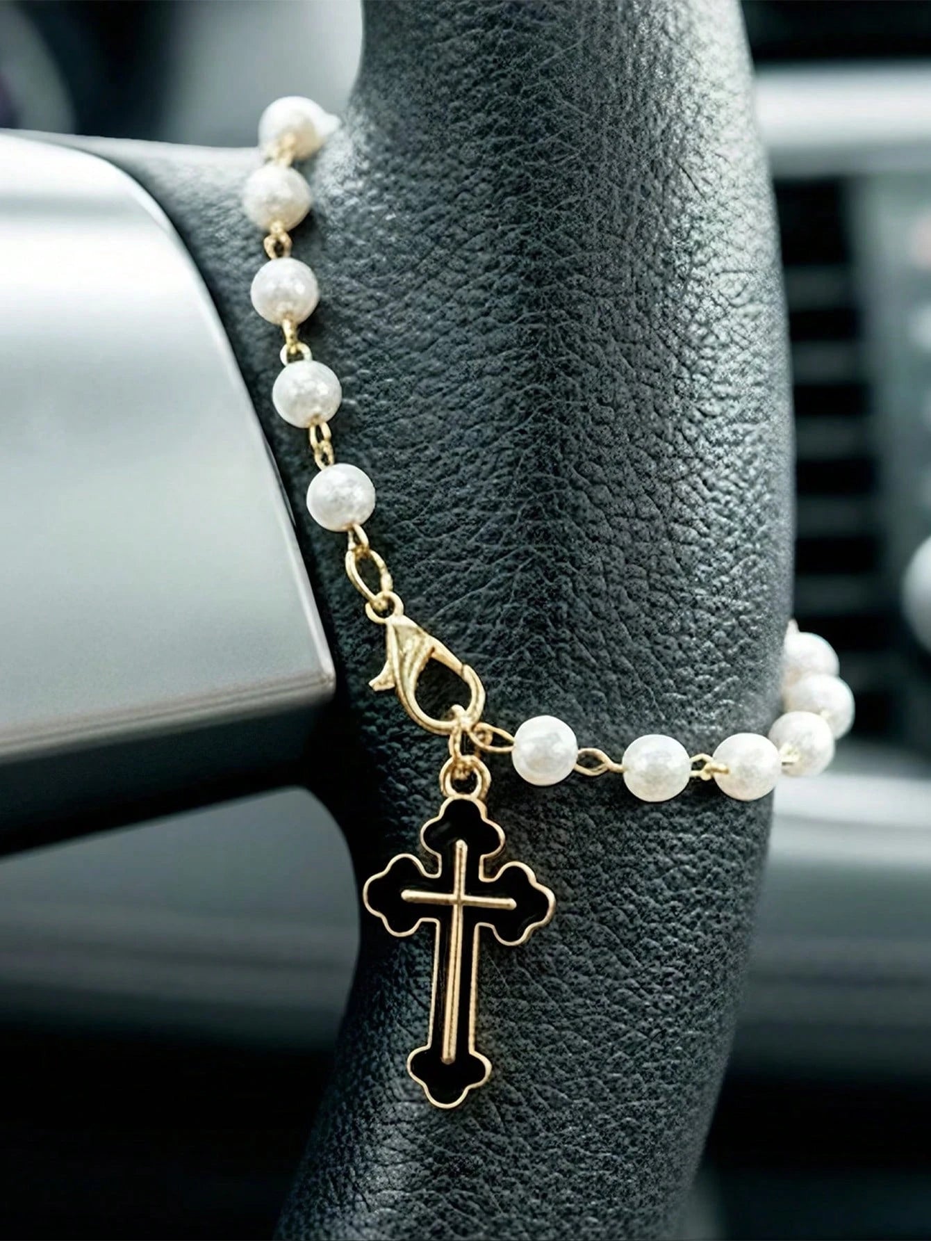 Creative Alloy Cross Car Pendant, Steering Wheel Ornament, Faith Pearl Car Pendant