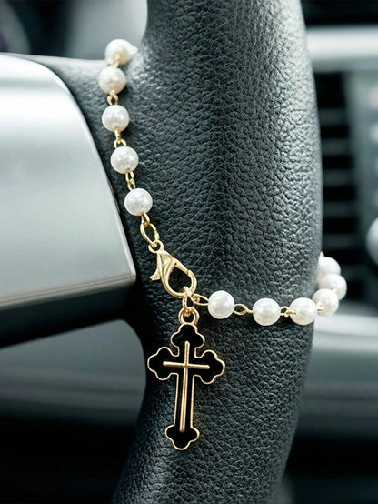 Creative Alloy Cross Car Pendant, Steering Wheel Ornament, Faith Pearl Car Pendant