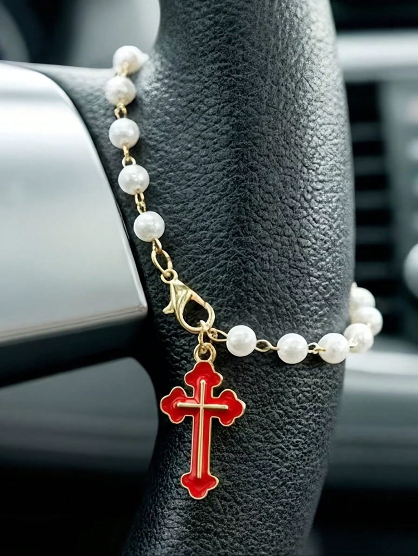 Creative Alloy Cross Car Pendant, Steering Wheel Ornament, Faith Pearl Car Pendant