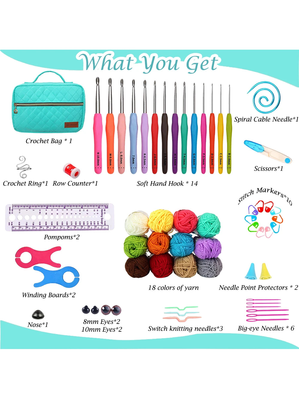 Crochet Kits For Beginner, All-Inclusive Crochet Kit For Adults With 14 Size Ergonomic Crochet Hooks,12 Crochet Yarns Balls & Crochet Bag