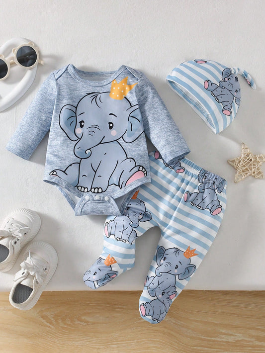 Crown Elephant Baby Four-Piece Set: Cartoon Print Jumpsuit + Striped Pants + Matching Hat And Socks- Fresh And Cute Outfit