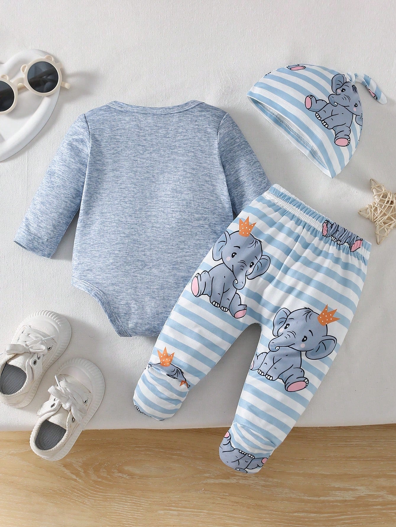 Crown Elephant Baby Four-Piece Set: Cartoon Print Jumpsuit + Striped Pants + Matching Hat And Socks- Fresh And Cute Outfit