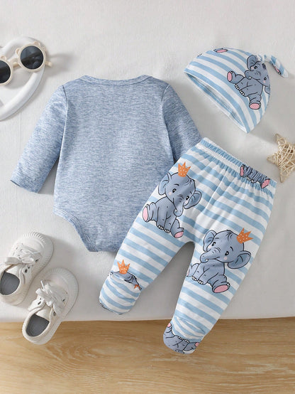 Crown Elephant Baby Four-Piece Set: Cartoon Print Jumpsuit + Striped Pants + Matching Hat And Socks- Fresh And Cute Outfit