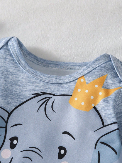 Crown Elephant Baby Four-Piece Set: Cartoon Print Jumpsuit + Striped Pants + Matching Hat And Socks- Fresh And Cute Outfit